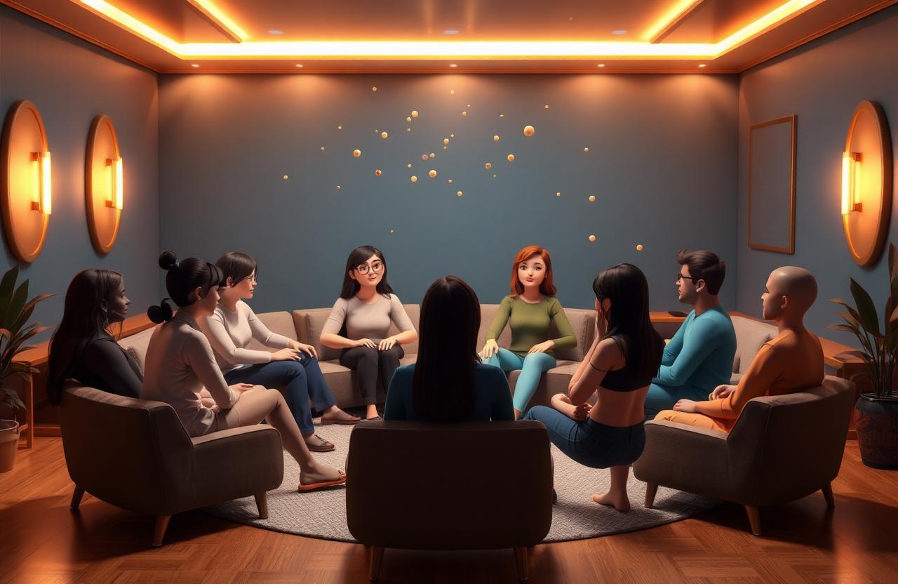Peer support circles · Connect in shared 3D lounges